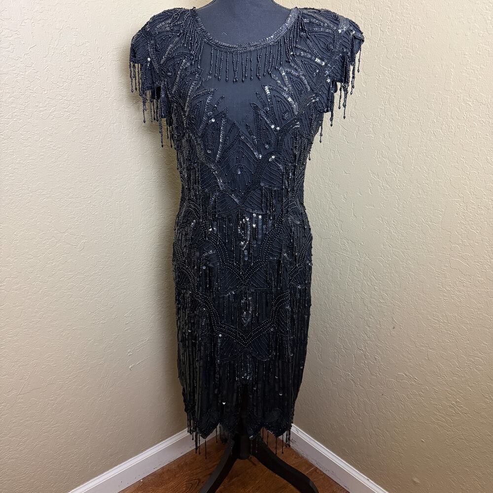 Scala Beaded Silk Dress Black Fringe Sequin Cocktail Party Size S